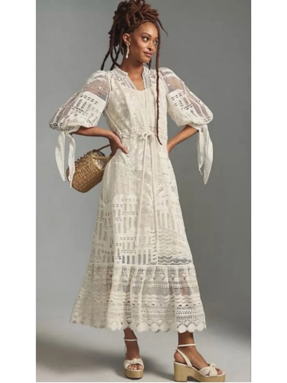 FARM Rio Morada Boa Guipure Lace Maxi Dress Cream - Picture 1 of 12